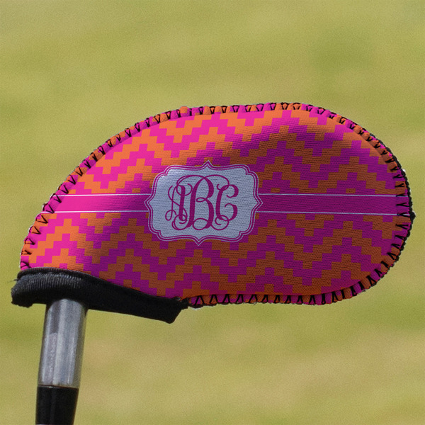 Custom Pink & Orange Chevron Golf Club Iron Cover (Personalized)