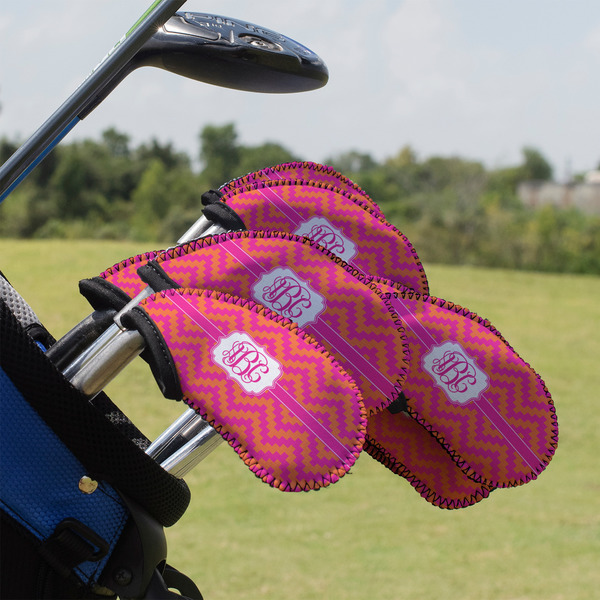 Custom Pink & Orange Chevron Golf Club Iron Cover - Set of 9 (Personalized)