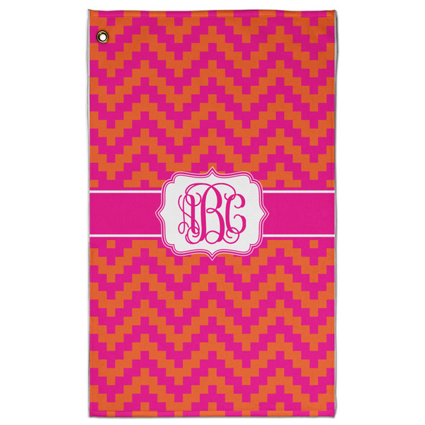 Custom Pink & Orange Chevron Golf Towel - Poly-Cotton Blend - Large w/ Monograms