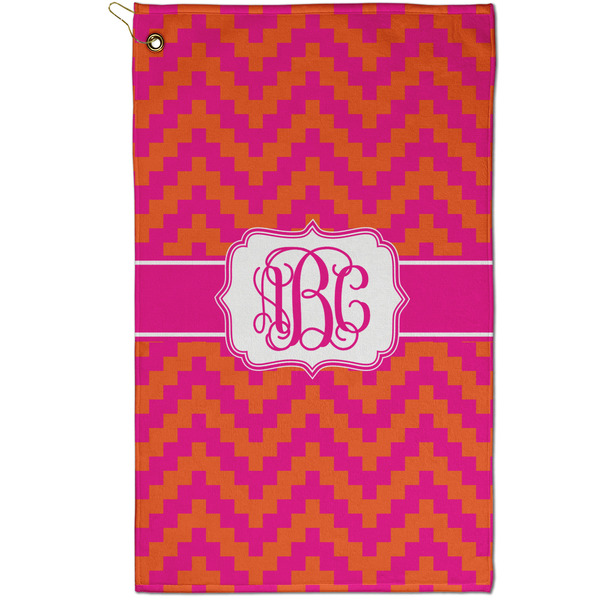 Custom Pink & Orange Chevron Golf Towel - Poly-Cotton Blend - Small w/ Monograms