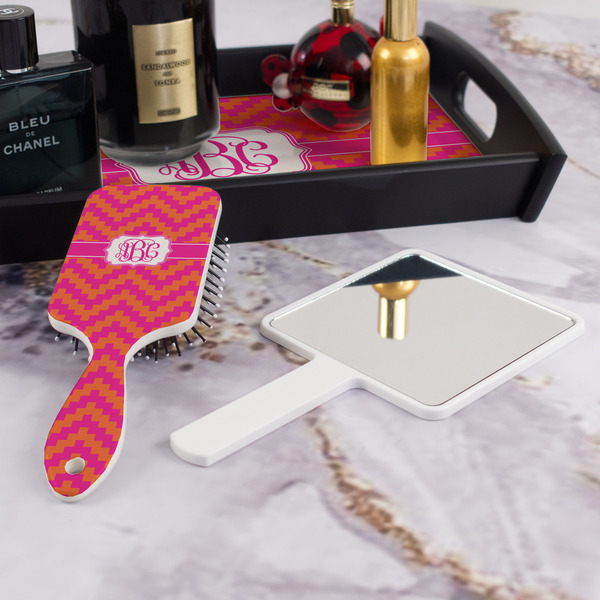 Pink & Orange Chevron Hair Brush - With Hand Mirror