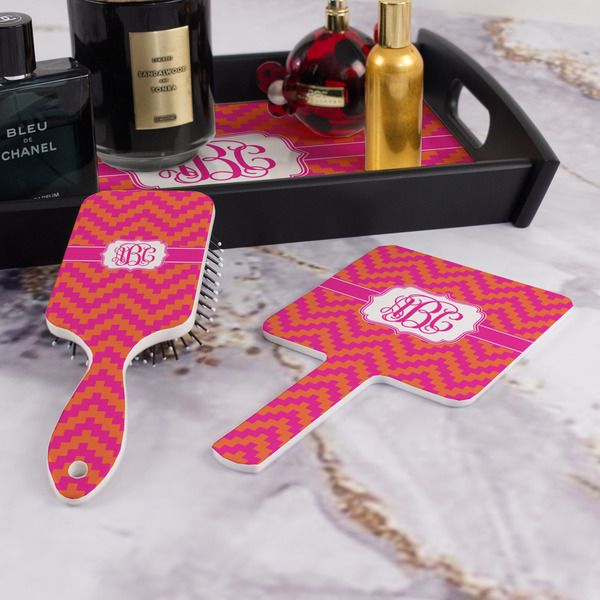 Pink & Orange Chevron Hair Brush and Hand Mirror - Bathroom Scene