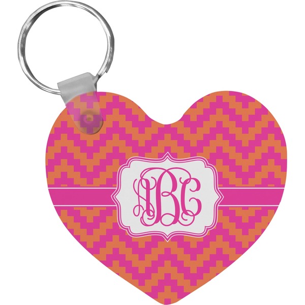 Custom Pink & Orange Chevron Heart Plastic Keychain w/ Monogram