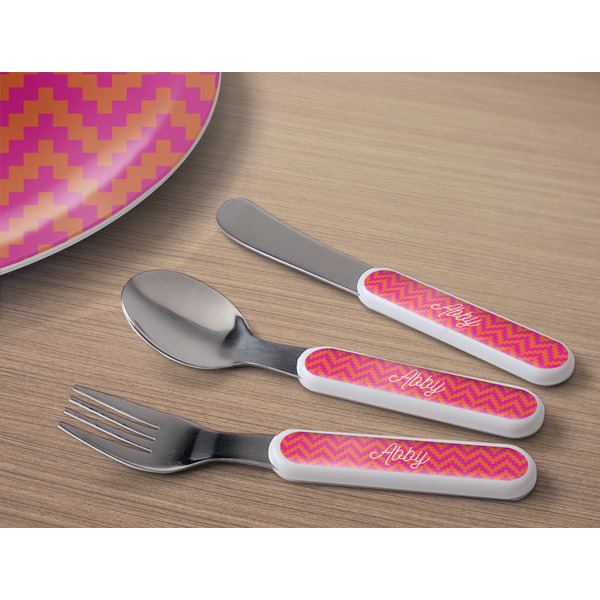 Pink & Orange Chevron Kids Flatware w/ Plate