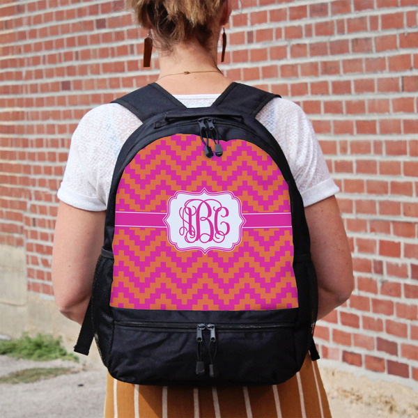 Pink & Orange Chevron Large Backpack - Black - On Back
