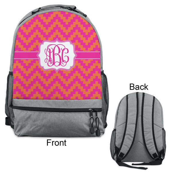 Pink & Orange Chevron Large Backpack - Gray - Front & Back View