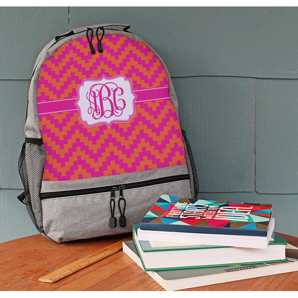 Pink & Orange Chevron Large Backpack - Gray - On Desk