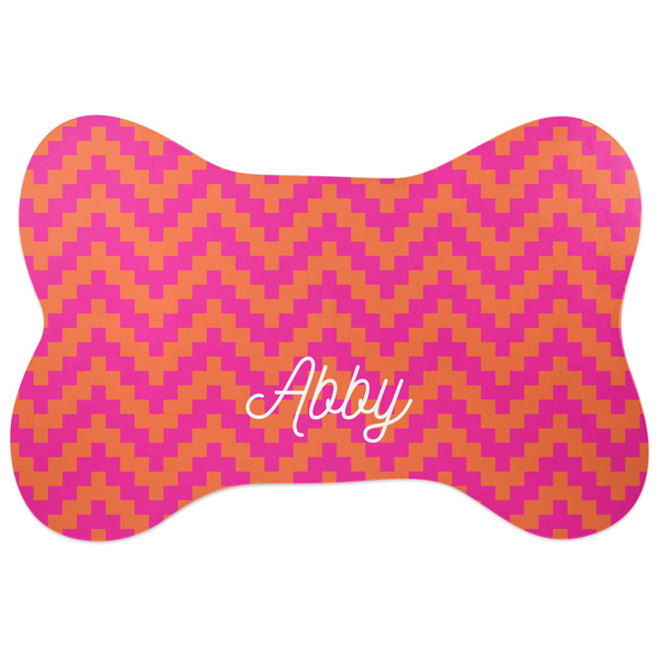 Custom Pink & Orange Chevron Bone Shaped Dog Food Mat (Large) (Personalized)