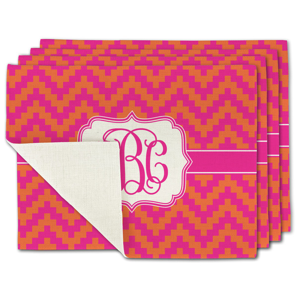Custom Pink & Orange Chevron Single-Sided Linen Placemat - Set of 4 w/ Monogram