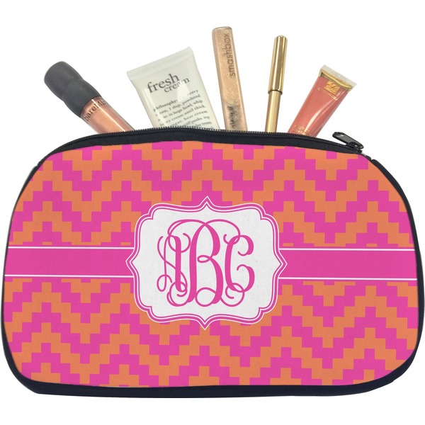 Custom Pink & Orange Chevron Makeup / Cosmetic Bag - Medium (Personalized)