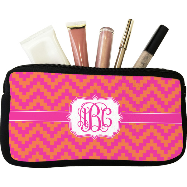 Custom Pink & Orange Chevron Makeup / Cosmetic Bag (Personalized)
