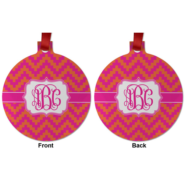 Pink & Orange Chevron Metal Ball Ornament - Front and Back