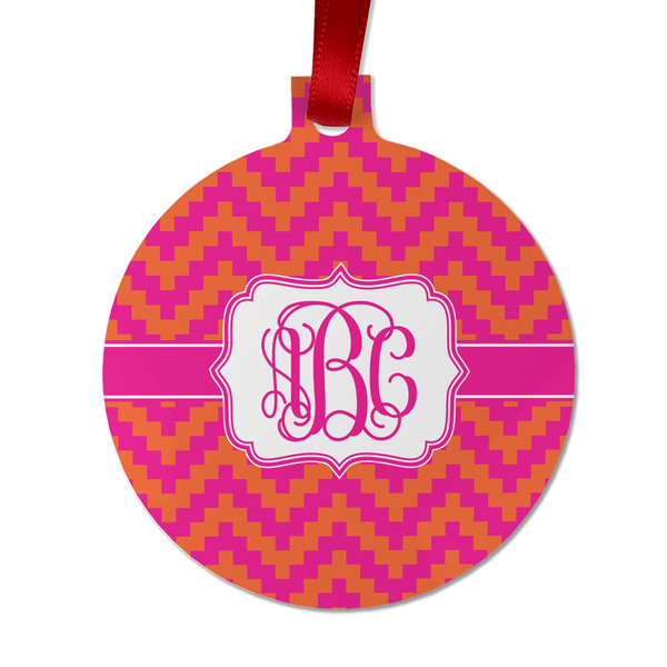 Custom Pink & Orange Chevron Metal Ball Ornament - Double Sided w/ Monogram