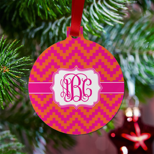 Pink & Orange Chevron Metal Ball Ornament - Lifestyle