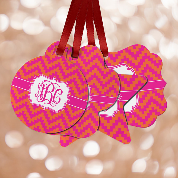 Custom Pink & Orange Chevron Metal Ornaments - Double Sided w/ Monogram