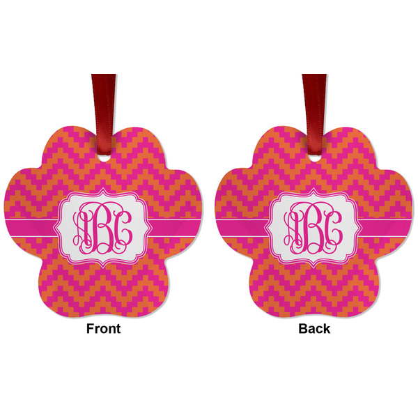 Pink & Orange Chevron Metal Paw Ornament - Front and Back