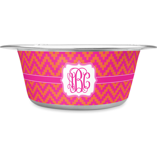 Custom Pink & Orange Chevron Stainless Steel Dog Bowl - Large (Personalized)