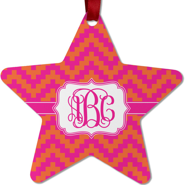Custom Pink & Orange Chevron Metal Star Ornament - Double Sided w/ Monogram
