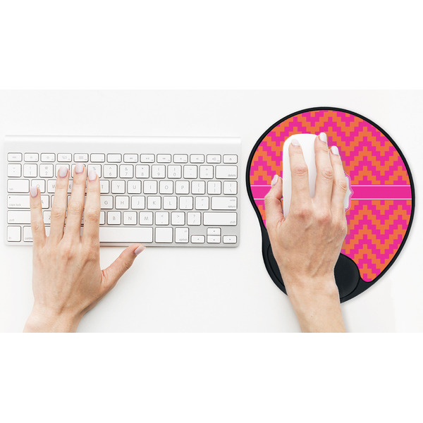Pink & Orange Chevron Mouse Pad with Wrist Rest - LIFESYTLE 2 (in use)