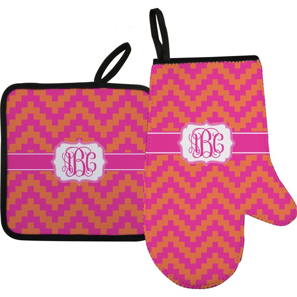Custom Pink & Orange Chevron Oven Mitt & Pot Holder Set w/ Monogram