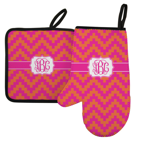 Custom Pink & Orange Chevron Left Oven Mitt & Pot Holder Set w/ Monogram
