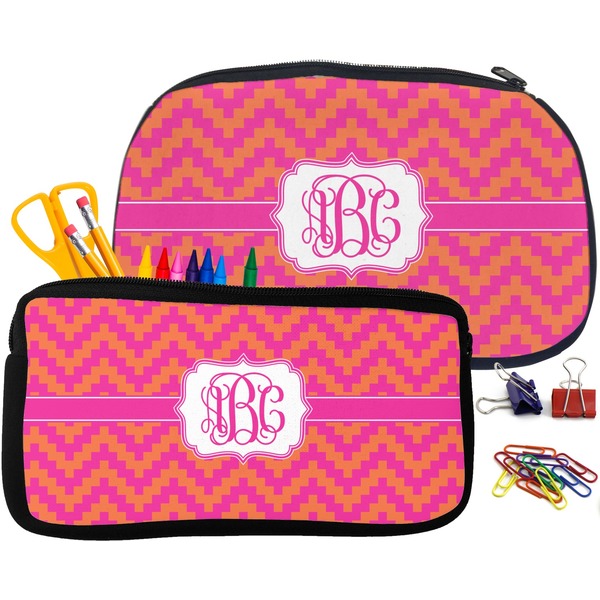 Pink & Orange Chevron Pencil / School Supplies Bags Small and Medium