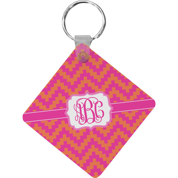 Custom Pink & Orange Chevron Diamond Plastic Keychain w/ Monogram