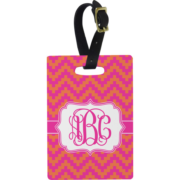 Custom Pink & Orange Chevron Plastic Luggage Tag - Rectangular w/ Monogram