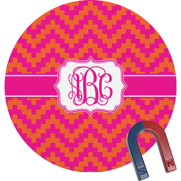 Custom Pink & Orange Chevron Round Fridge Magnet (Personalized)