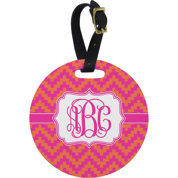 Custom Pink & Orange Chevron Plastic Luggage Tag - Round (Personalized)