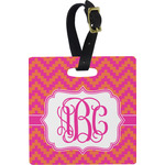 Pink & Orange Chevron Plastic Luggage Tag - Square w/ Monogram