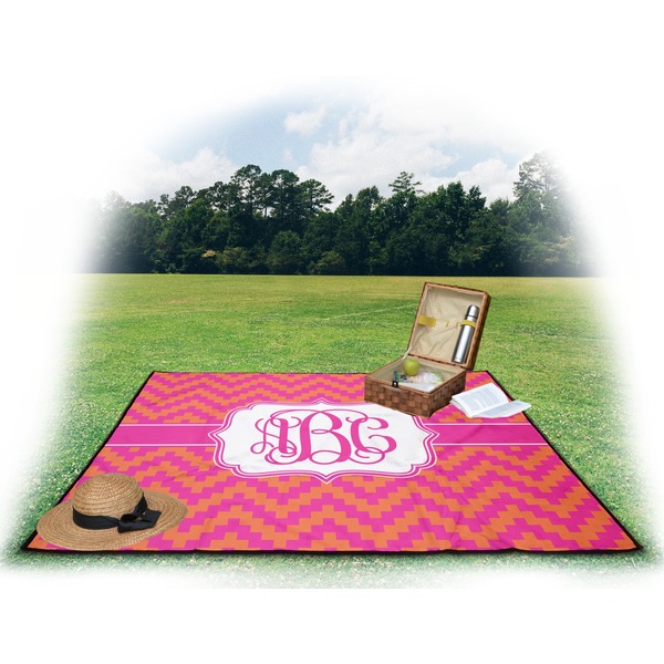 Pink & Orange Chevron Picnic Blanket - with Basket Hat and Book - in Use