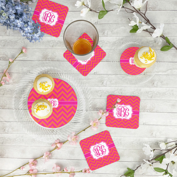 Pink & Orange Chevron Plastic Party Dinner Plates - In Context