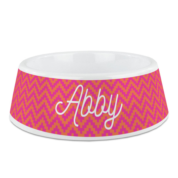 Custom Pink & Orange Chevron Plastic Dog Bowl - Medium (Personalized)