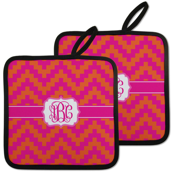 Custom Pink & Orange Chevron Pot Holders - Set of 2 w/ Monogram