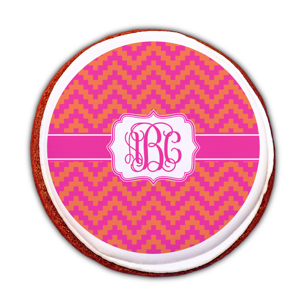 Pink & Orange Chevron Printed Icing Circle - Medium - On Cookie