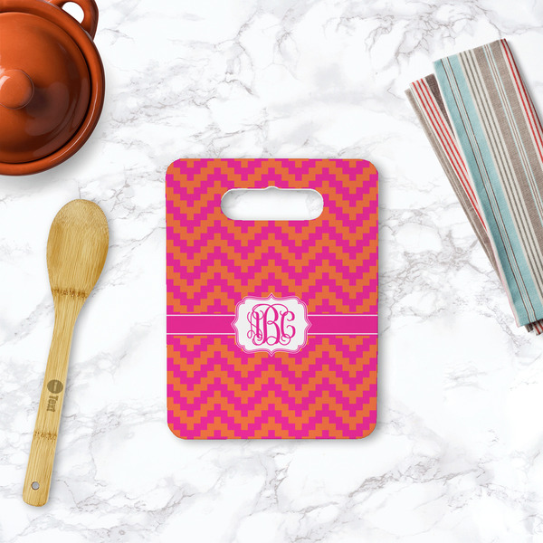 Pink & Orange Chevron Rectangle Trivet with Handle - LIFESTYLE