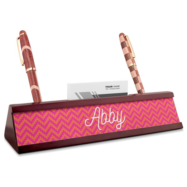 Custom Pink & Orange Chevron Red Mahogany Nameplate with Business Card Holder (Personalized)