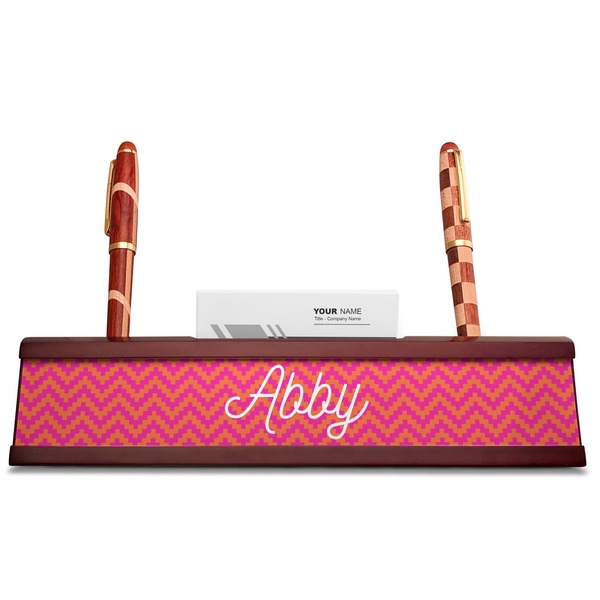 Pink & Orange Chevron Red Mahogany Nameplates with Business Card Holder - Straight