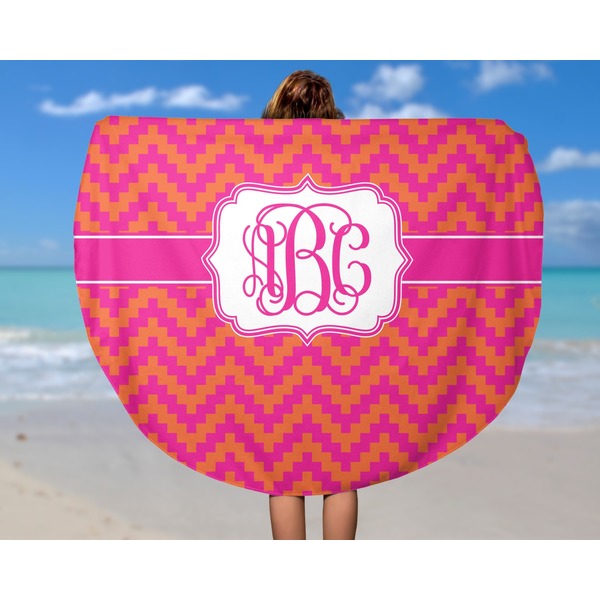 Pink & Orange Chevron Round Beach Towel - In Use