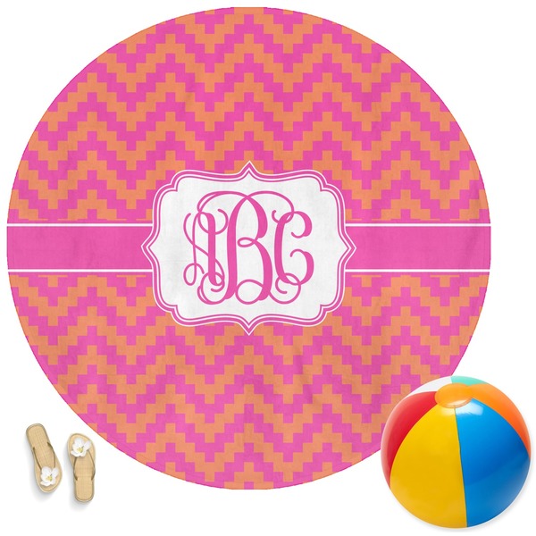 Custom Pink & Orange Chevron Round Beach Towel (Personalized)