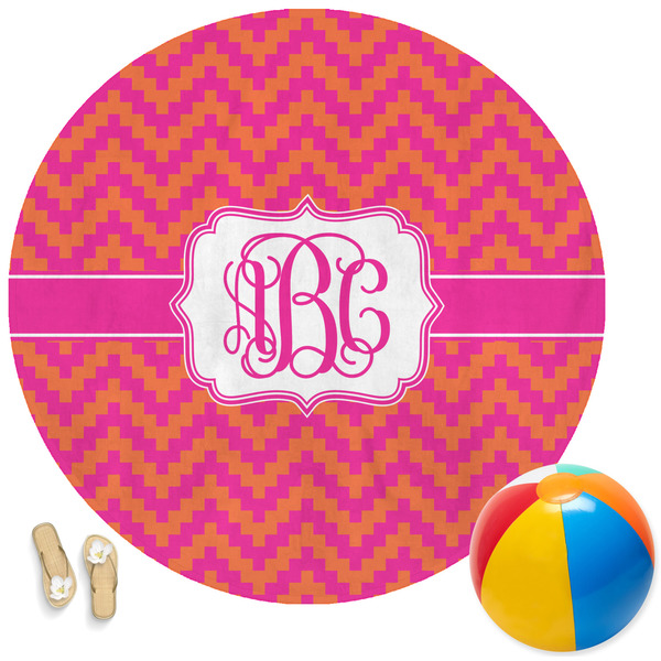Custom Pink & Orange Chevron Round Beach Towel (Personalized)