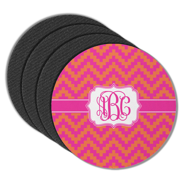 Custom Pink & Orange Chevron Round Rubber Backed Coasters - Set of 4 (Personalized)