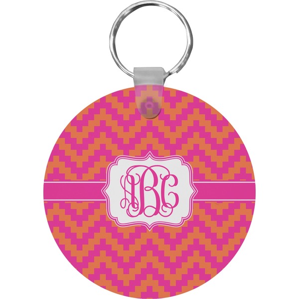 Pink & Orange Chevron Round Keychain (Personalized)