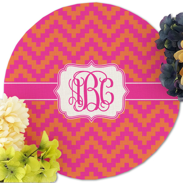 Pink & Orange Chevron Round Linen Placemats - Front (w flowers)