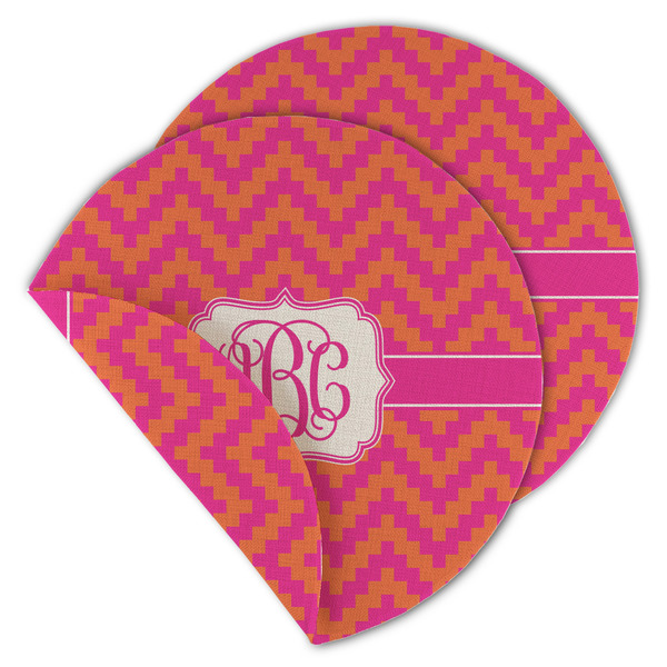 Custom Pink & Orange Chevron Round Linen Placemat - Double Sided (Personalized)
