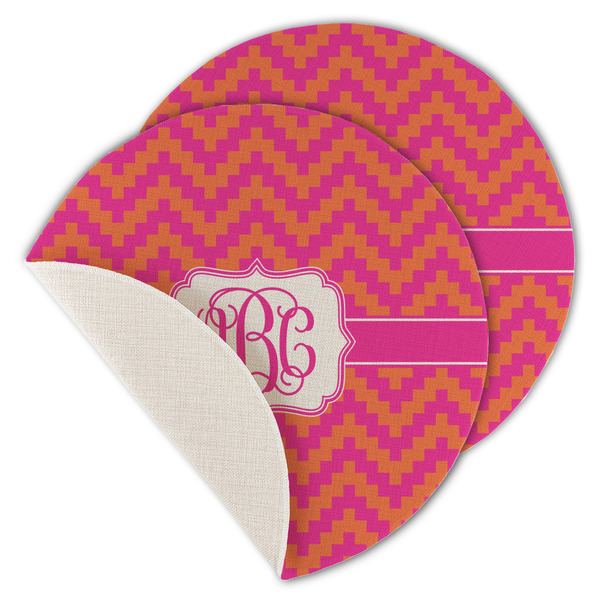 Custom Pink & Orange Chevron Round Linen Placemat - Single Sided - Set of 4 (Personalized)