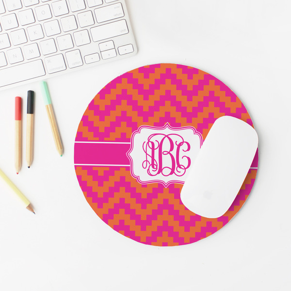 Pink & Orange Chevron Round Mousepad - LIFESTYLE 2
