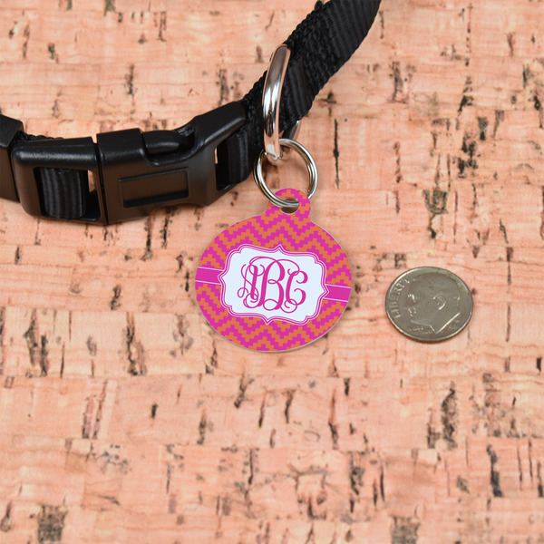 Pink & Orange Chevron Round Pet ID Tag - Small - In Context