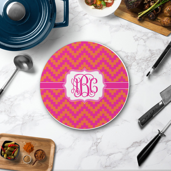 Pink & Orange Chevron Round Stone Trivet - In Context View